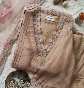Beige Embroidered Lace Trim Suit Set