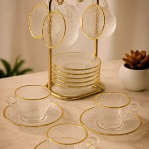 Gold-Rimmed Glass Teacup Set with Stand