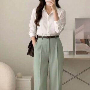 Sage Green High-Waist Pleated Wide-Leg Trousers