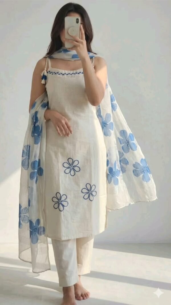Ivory Blue Floral Print Kurta Set