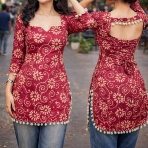 Maroon Floral Print Backless Cotton Kurti