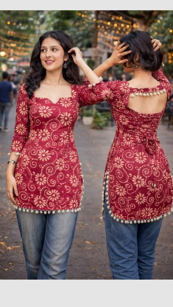 Maroon Floral Print Backless Cotton Kurti