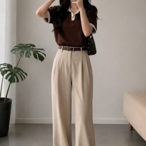 Belted Pleated Wide-Leg Beige Trousers