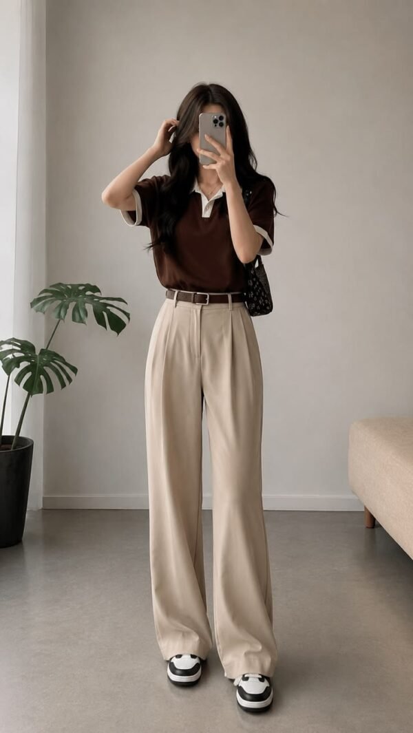 Belted Pleated Wide-Leg Beige Trousers