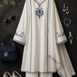 Ivory Blue Embroidered Kurta Palazzo Set