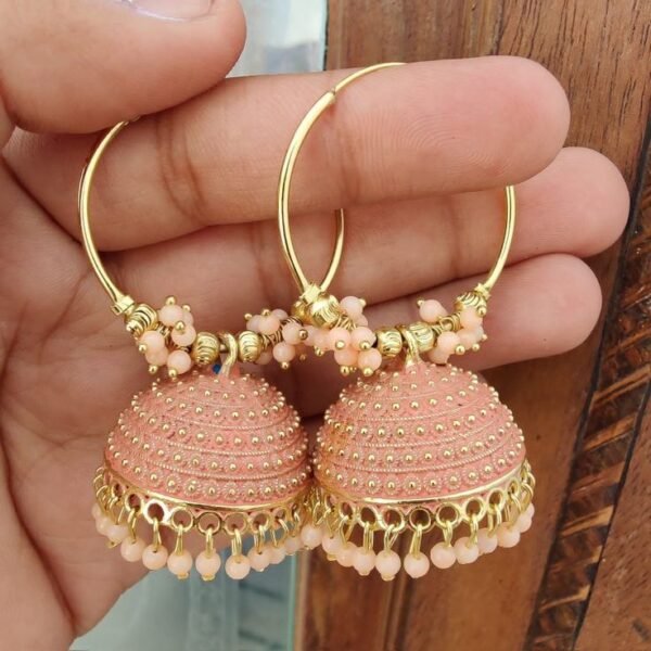Peach Gold Beaded Jhumka Hoop Earrings