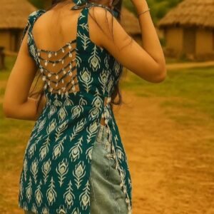 Teal Peacock Print Tasseled Back Top