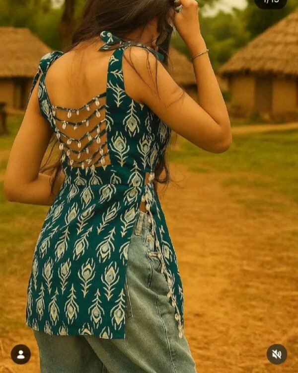 Teal Peacock Print Tasseled Back Top