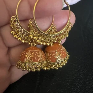 Golden Jhumka Hoop Earrings, Peach Enamel