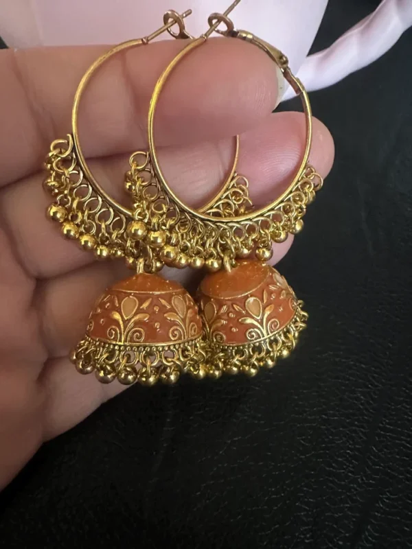 Golden Jhumka Hoop Earrings, Peach Enamel
