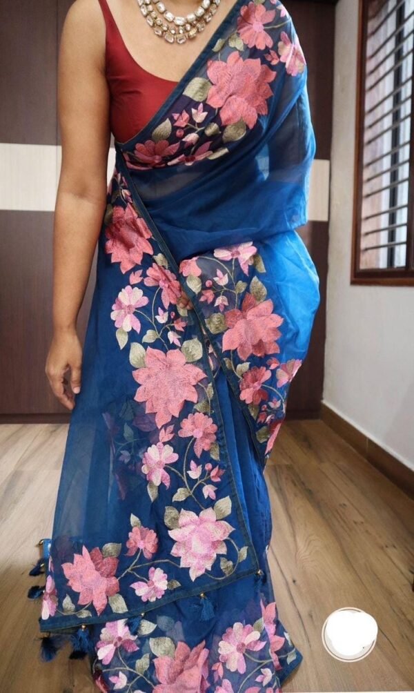 Blue Floral Organza Saree