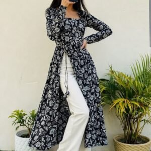 Navy Floral Print Front-Slit Maxi Dress