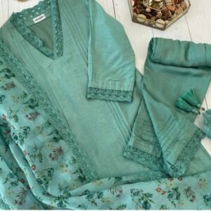 Sea Green Floral Pintuck Kurti Set