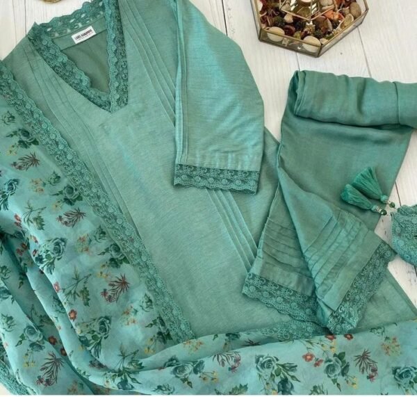Sea Green Floral Pintuck Kurti Set