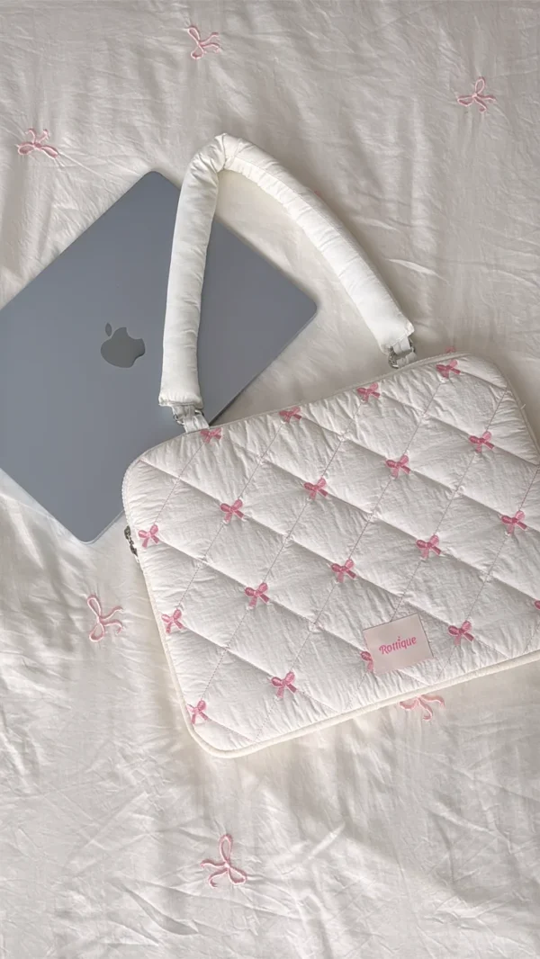 Quilted Bow-Embroidered Laptop Sleeve Bag