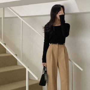 Warm Wide-Leg Tailored Camel Slacks
