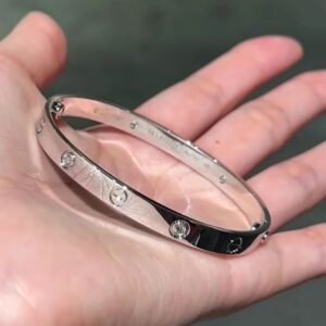 Diamond-Studded Silver Love Bangle Bracelet