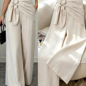 Women's Wide-Leg Pants with Metal Buckle