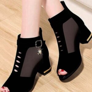 Black Mesh Peep-Toe Ankle Boots