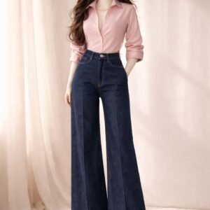 Pastel Puff Blouse with Wide-Leg Denim