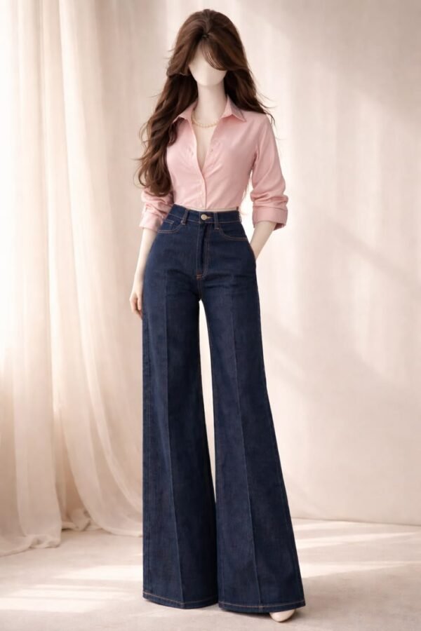 Pastel Puff Blouse with Wide-Leg Denim