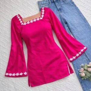 Hot Pink Floral Trim Bell-Sleeve Top
