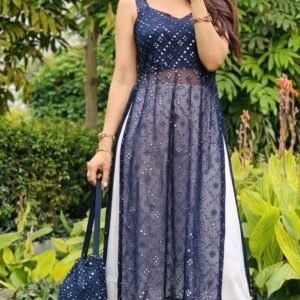 Navy Blue Mirror Embroidered Kurti Set