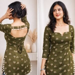 Olive Green Printed Cotton Backless Kurti