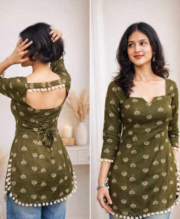 Olive Green Printed Cotton Backless Kurti