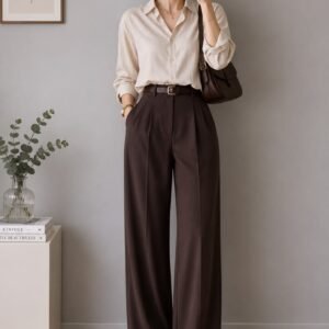 Brown High-Waist Wide-Leg Pleated Trousers