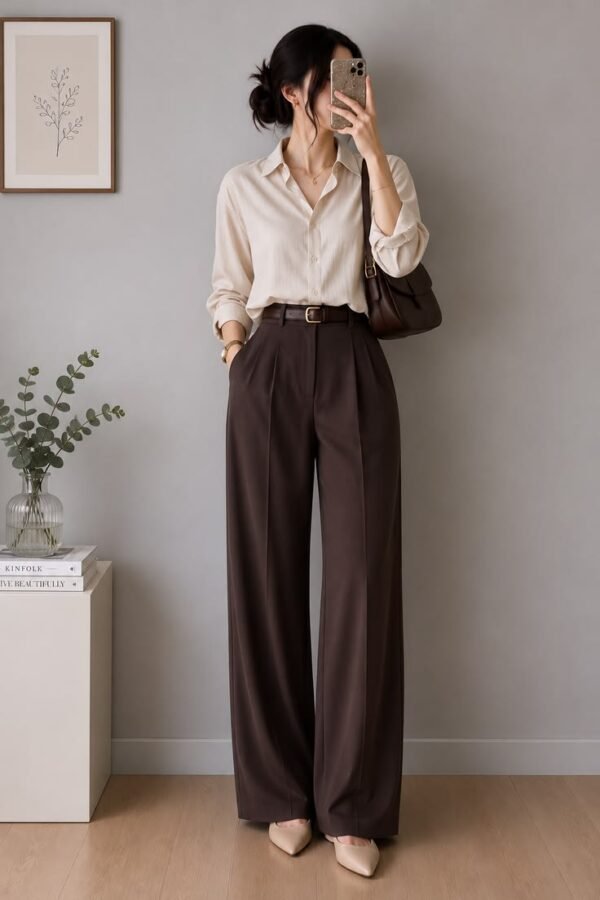 Brown High-Waist Wide-Leg Pleated Trousers