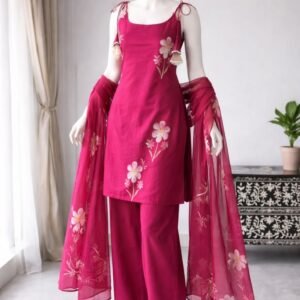 Magenta Floral Embroidered Kurta Palazzo Set