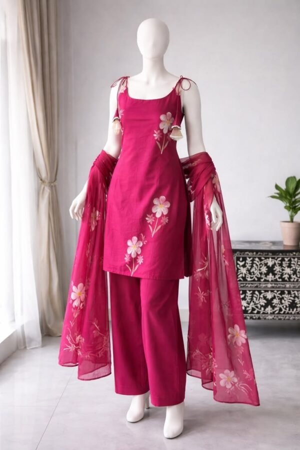 Magenta Floral Embroidered Kurta Palazzo Set