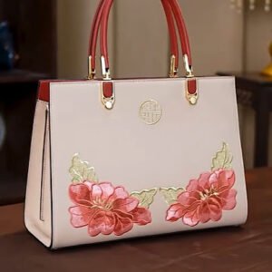 Floral Embroidered Cream Leather Handbag